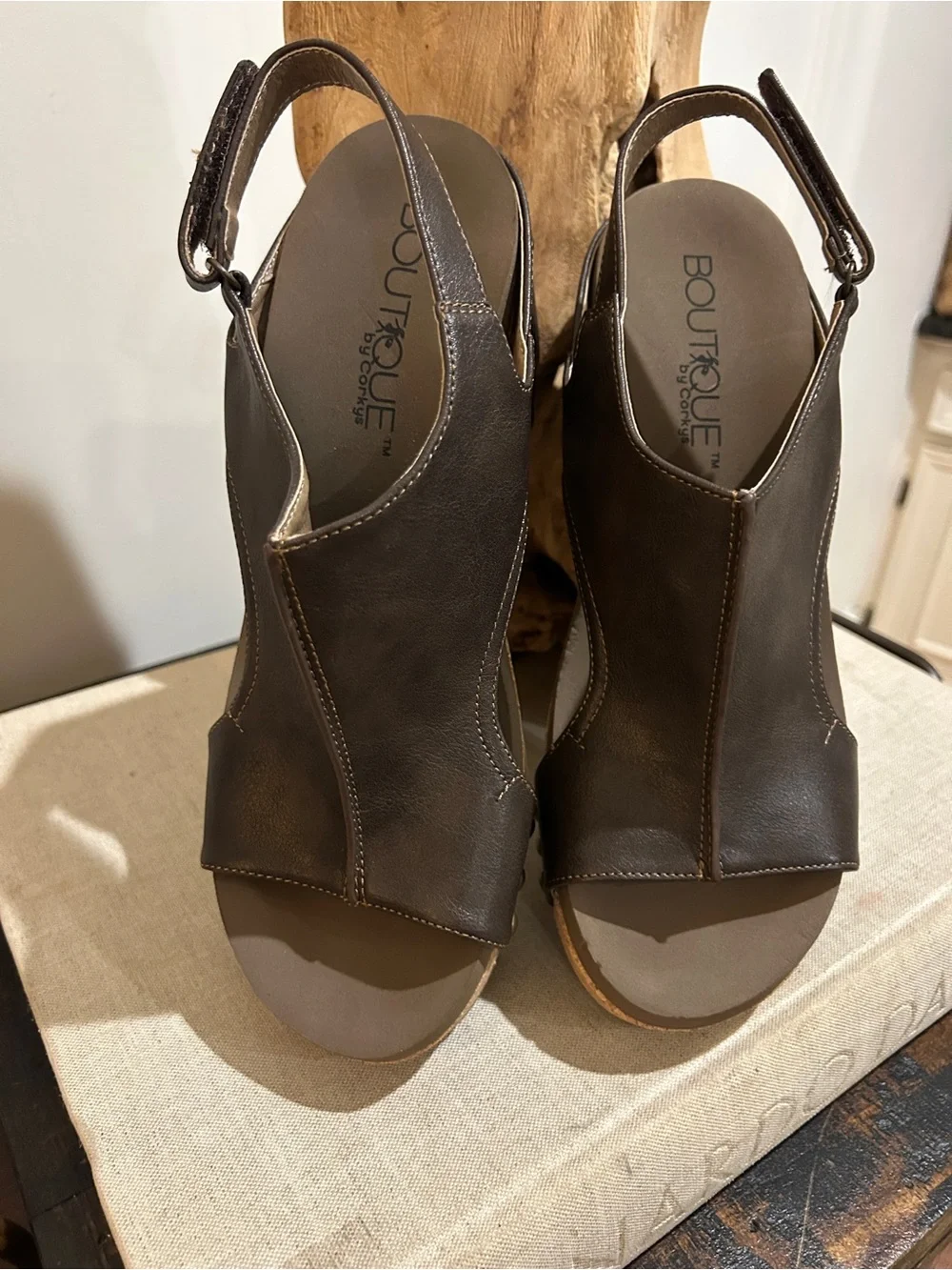 Corkys Dark Brown Open-Toe Cork Wedge Sandals
